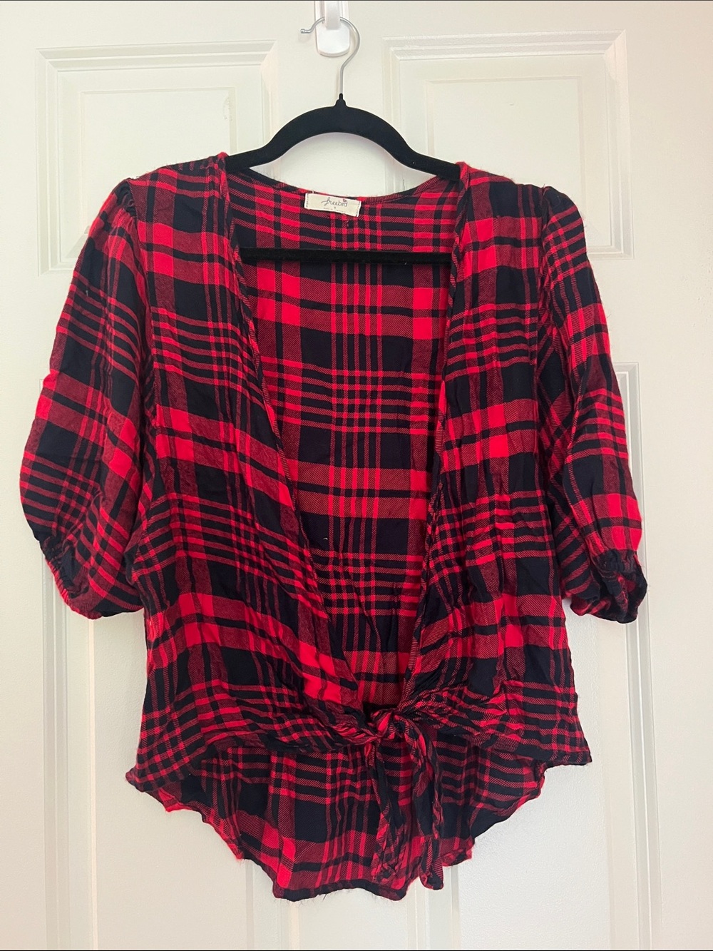 freebird Red and Black Plaid Tie-Front Blouse
